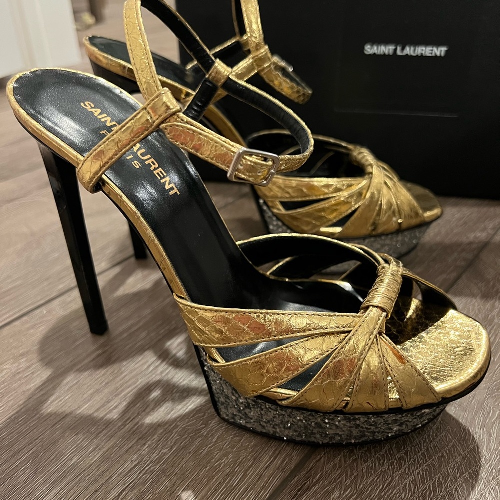 Authentic Yves Saint Laurent platform gold heels
